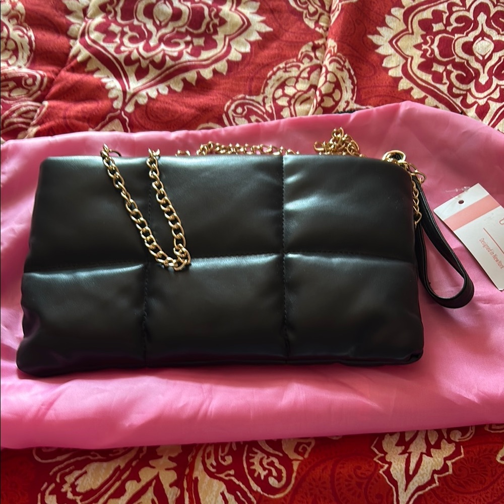 Black Quilted Clutch with Gold Chain